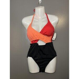ECO BEACH Swimsuit Womens Small Multi Colorblock Wrap Front One Piece Halter